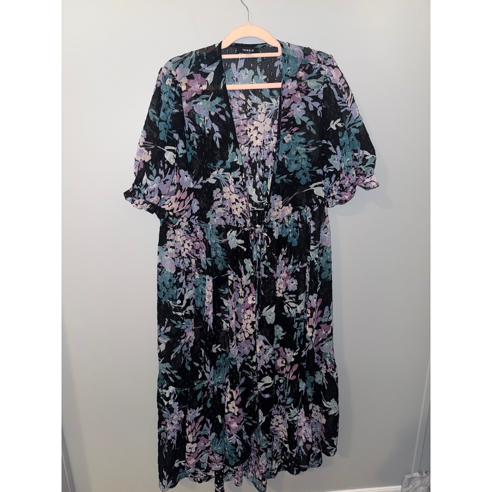 Torrid Floral Dot Kimono Midi Dress‎ Boho Purple Teal Black Tie Front Plus Sheer